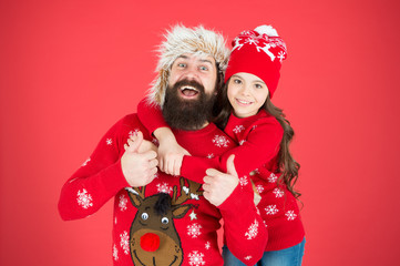 Merry christmas. Family celebrate holiday. Family tradition. Winter holidays. Father daughter winter sweaters celebrate new year. Happy family hug. Bearded man and kid. Best wishes from us with daddy