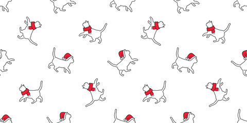 cat seamless pattern Christmas vector Santa Claus hat kitten walking cartoon scarf isolated repeat wallpaper tile background doodle illustration white design