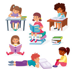 Kids learning education concept. Little girls sitting and boy laying with books. Children’s intellectual hobby. Smart clever child. Vector illustration, cartoon flat style. 