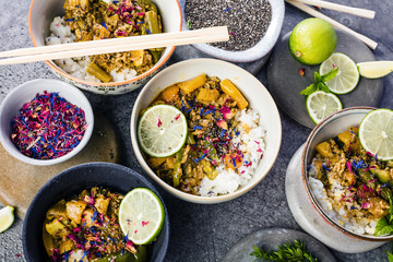  Top view composition of various Asian food in bowl