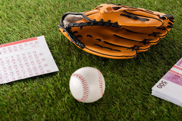 baseball glove and ball near euro banknotes and betting list on green grass isolated on white, sports betting concept