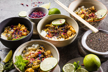  Top view composition of various Asian food in bowl