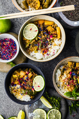  Top view composition of various Asian food in bowl