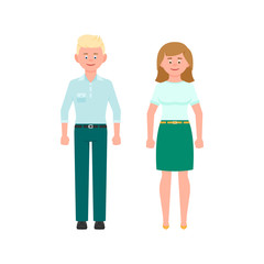 Young blonde hair man in mint pants and medium blonde hair woman in green skirt vector illustration. Front view standing boy and girl cartoon character set on white background