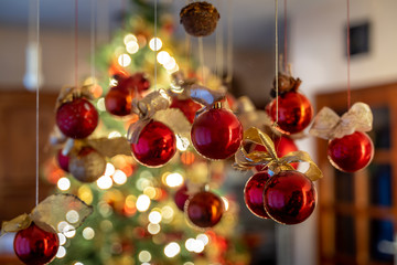 Beautiful christmas ball and christmas tree for background. Christmas Eve.