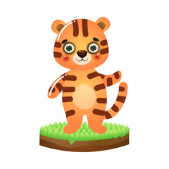 Smiling striped tiger standing on grass vector illustration
