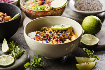  Top view composition of various Asian food in bowl