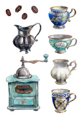 vintage coffee mill, milk jug and cups