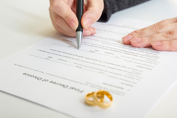 Hands of wife, husband signing decree of divorce, dissolution, canceling marriage, legal separation documents, filing divorce papers or premarital agreement prepared by lawyer. Wedding ring