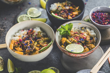 set of delicious traditional Asian food in bowls, top view 