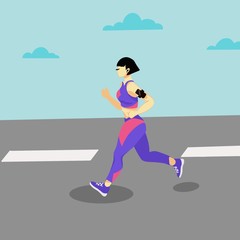 Asian japanese woman running in violet sportswear with smartphone sports app on shoulder on the road