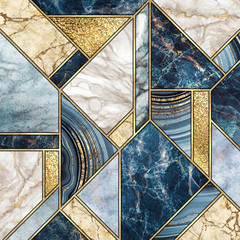 abstract background, modern marble mosaic, artificial agate granite jasper stone texture, blue white gold marbled tile, geometrical fashion marbling illustration, art deco wallpaper