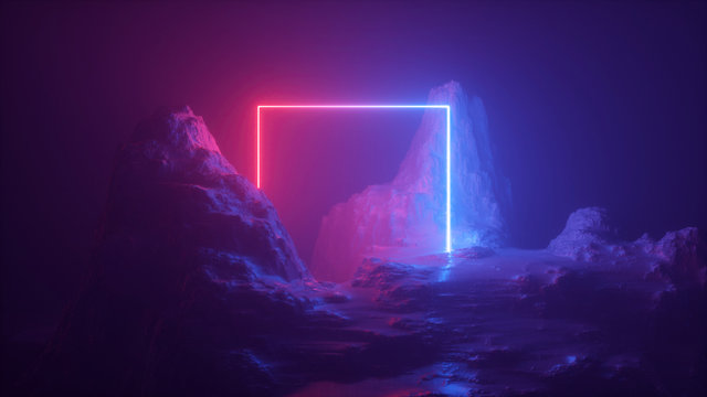 3d abstract neon background. Cosmic landscape, terrain at night, foggy rocks, ground. Square frame, red blue violet light, virtual reality, energy source, dark space, laser ring. Sacred geometry.