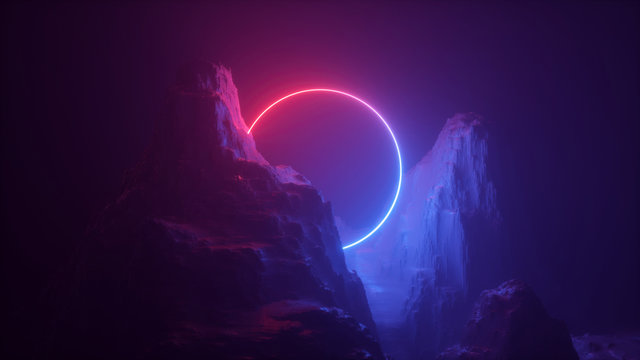 3d Abstract Neon Background. Cosmic Landscape, Terrain At Night, Foggy Rocks, Ground. Round Blank Frame, Copy Space. Red Blue Light, Virtual Reality, Energy Source, Laser Ring.