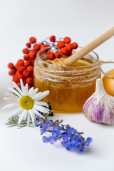 Healthy lifestyle and healthy eating with natural products.  Honey, Mint, Onion, Garlic