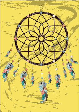 Native american indian dream catcher traditional symbol. Bright card card with colored feathers and beads.