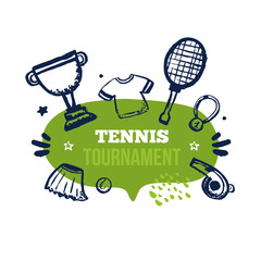 Tennis banner on speech bubble with grunge racket, t-shirt, championship cup