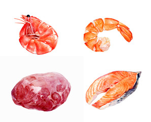 Meat shrimp salmon set composition watercolor isolated on white background