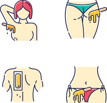 Hot waxing beige color icons set. Armpit, buttocks, back, bikini hair removal. Cold wax strips. Body hair depilation. Professional beauty treatment cosmetics. Isolated vector illustrations