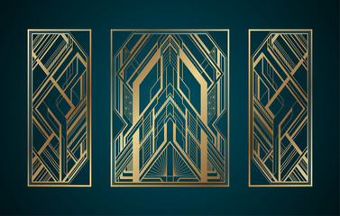 Gold art deco panels on dark turquoise background - obrazy, fototapety, plakaty