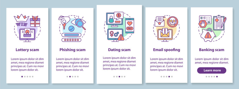 Scam types onboarding mobile app page screen with linear concepts. Five walkthrough steps graphic instructions. Lottery, phishing scam. Email spoofing. UX, UI, GUI vector template with illustrations
