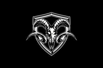skull goat head with shield logo vector template