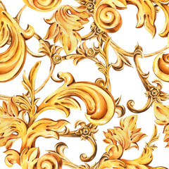Watercolor golden baroque floral curl seamless pattern, rococo ornament texture. Hand drawn gold scroll, leaves on white background