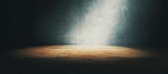 Empty dark room and fog.3d illustration.Interior floor and wall background illuminated by spotlight