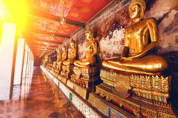Buddha statues in temple. Face of gold buddha, Thailand ,Asia