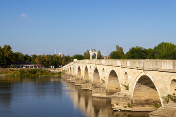Fototapeta premium Historical old Meric Bridge on Meric River. Edirne, Turkey 