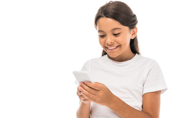 happy child using smartphone isolated on white