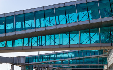 Aircraft passenger boarding bridge. Airplane bellows