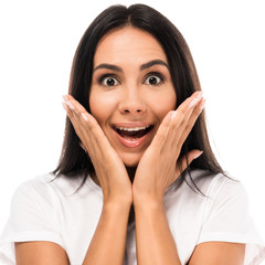 attractive and excited woman looking at camera isolated on white