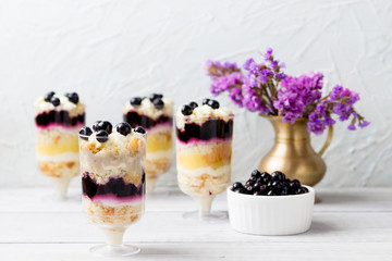 Tasty blueberry creamy dessert on holiday.