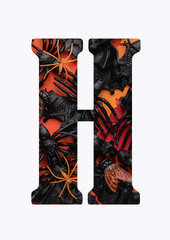 Letter H, made of halloween atributes with  paper cut shape of letter. Collection of font for your unique decoration in halloween concept