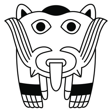 Isolated Vector Illustration. Funny Stylized Cat. Ancient Peruvian Tribal Motif From Nazca Pottery.	Black And White Linear Silhouette.