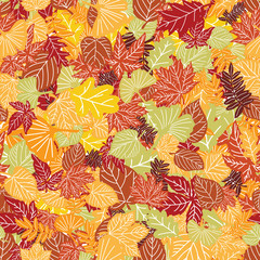Various hand drawn autumn leaves overlapping to form an endless pattern. Vector seamless pattern for textile, wrapping paper, decoration, etc.
