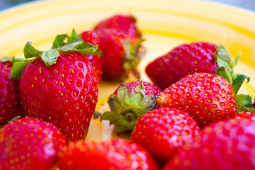 Red berries of garden strawberries with green sepals on a sunny yellow porcelain plate