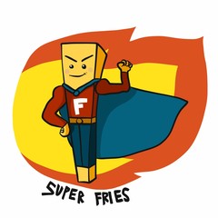 Super fries hero on fire cartoon logo vector illustration