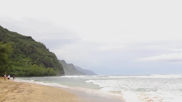 rain forest beach with waves in a rainy day 