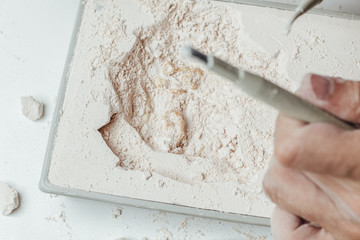 Skeleton and archaeological tools.Training for dig fossil.Simulated same as real digging. Archaeological tools, Archeaologist working on site, close-up, hand and tool.