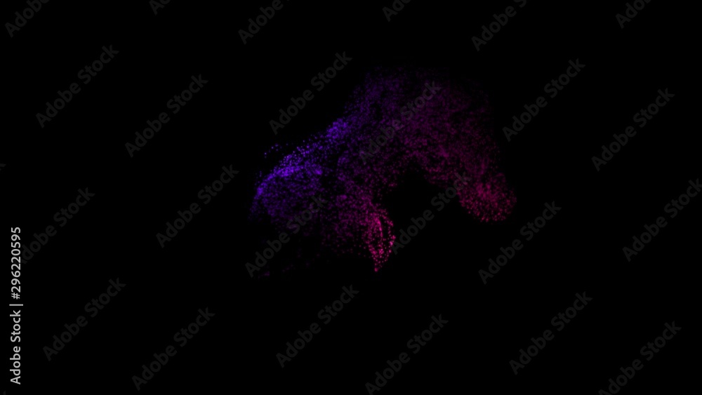Poster abstract animation of rotating sphere decaying into multicolored moving particles on black backgroun