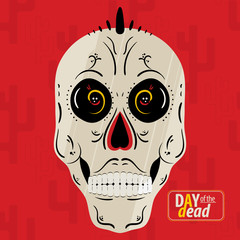Skull with colorful drawing. Day of the dead and Halloween symbol. Vector illustration.