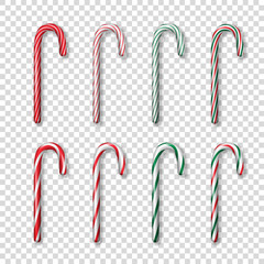 Vector 3d Realistic Christmas and New Year Candy Cane Icon Set Closeup Isolated on Transparent Background. Xmas Sweet. Template for greeting card. Top view