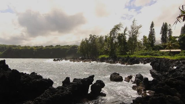 Stormy weather during hurricane in Hawaii with big waves road to Hana hawaii maui