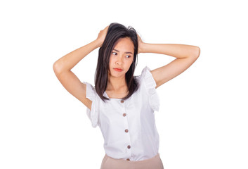 A thinking woman in white shirt