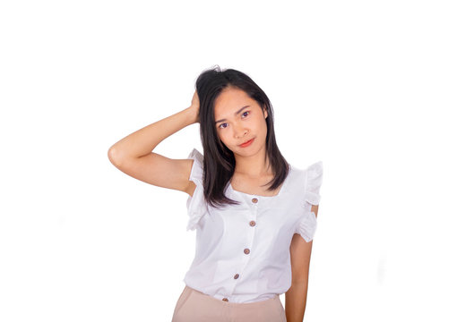 A thinking woman in white shirt