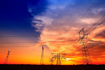 Pylon, high-voltage tower sky background.