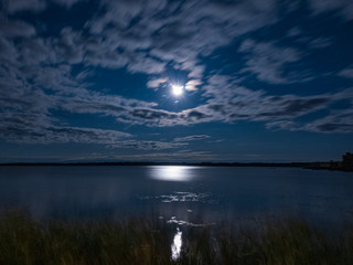 Full moon at night over a river