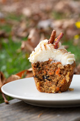Carrot Cake Cupcake with Cream Cheese Icing with an Autumn Background
